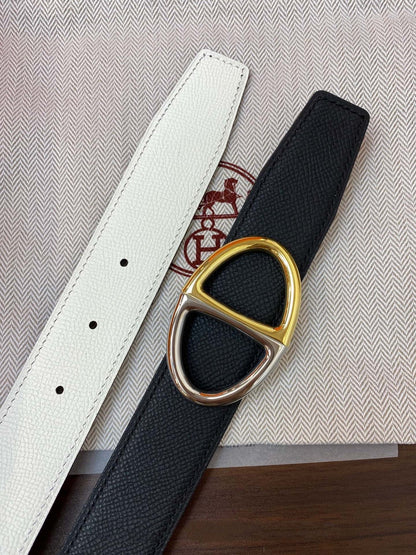 H TWIN REVERSIBLE BELT 32MM GOLD SILVER BUCKLE WHITE BLACK LEATHER