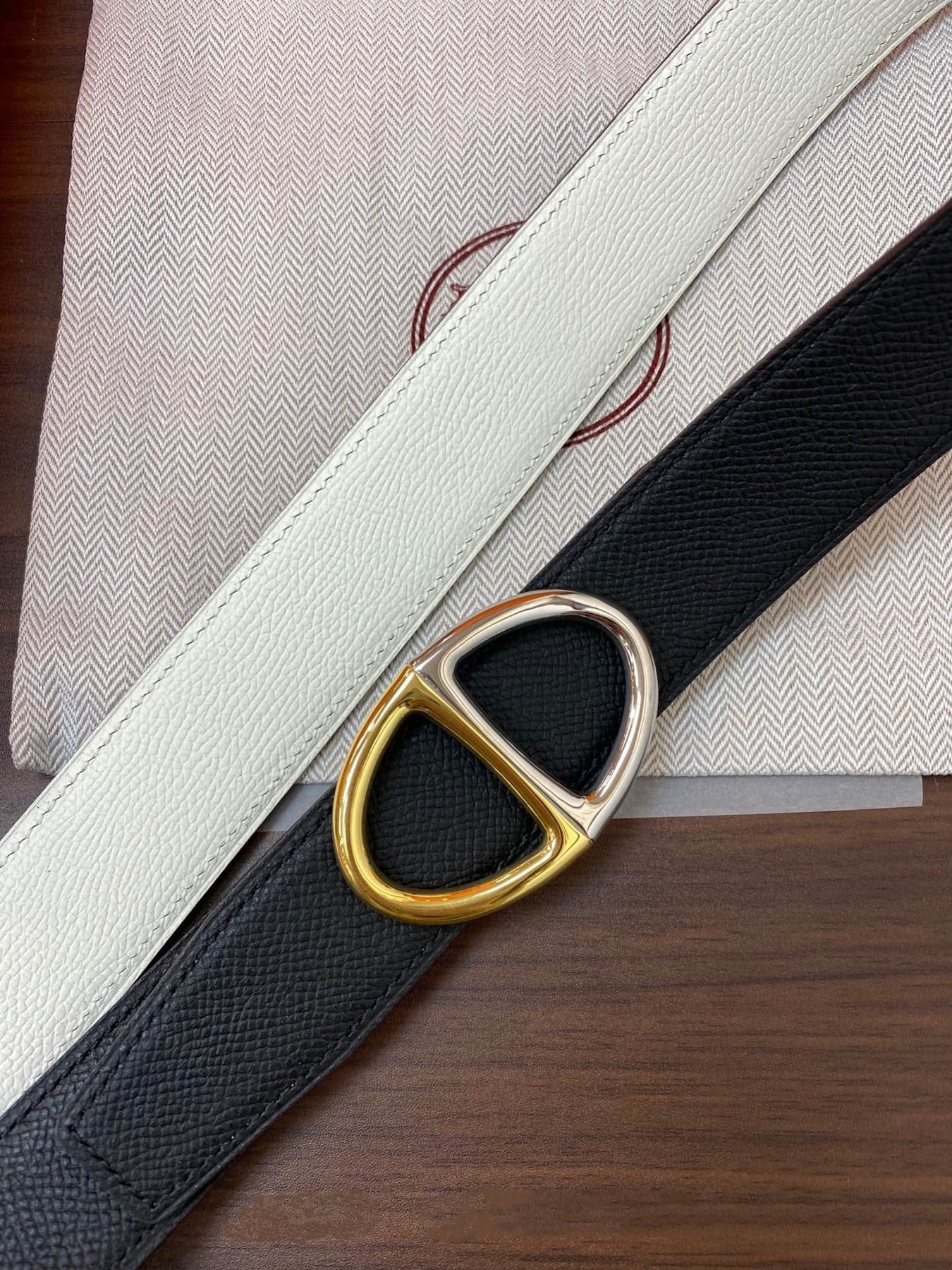 H TWIN REVERSIBLE BELT 32MM GOLD SILVER BUCKLE WHITE BLACK LEATHER