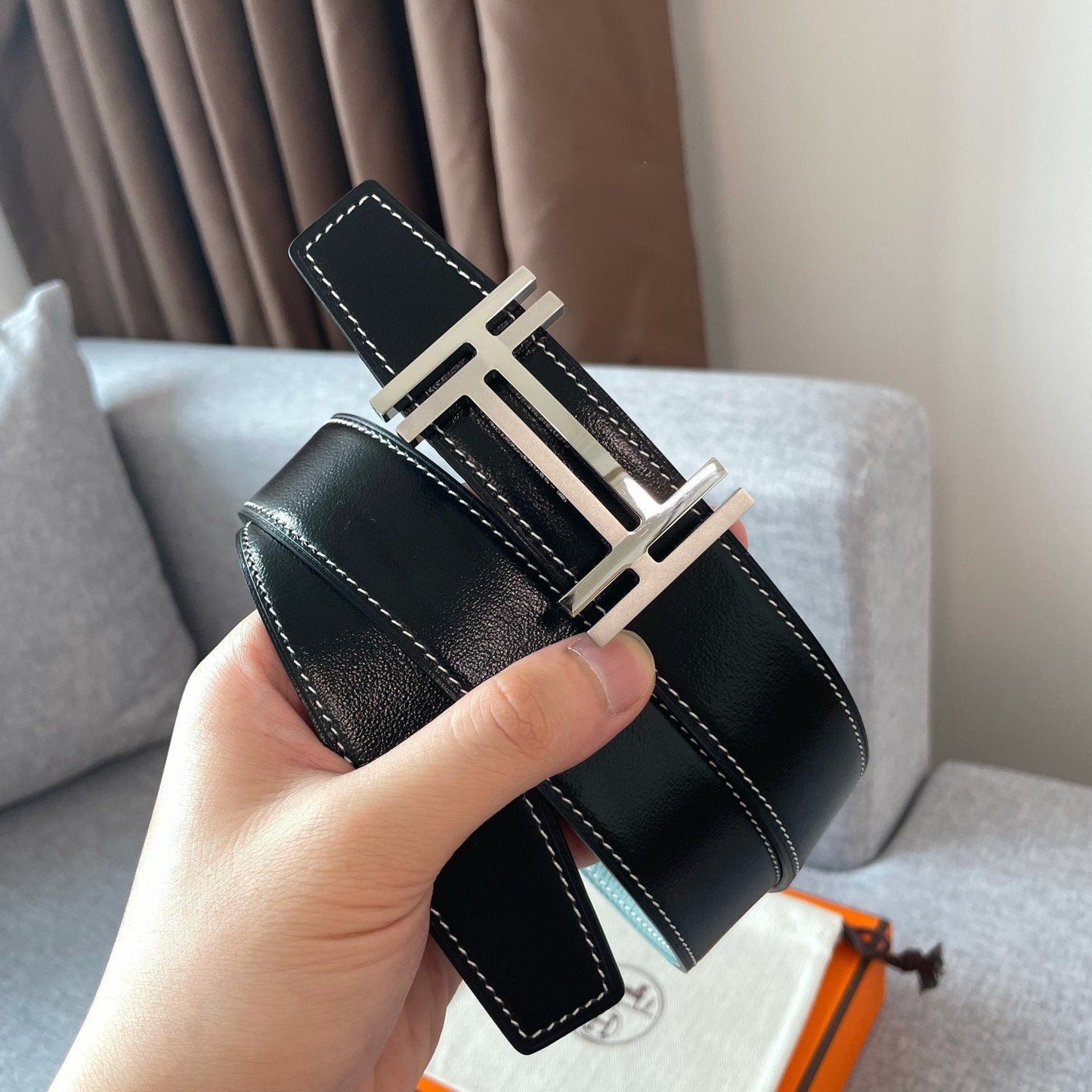 DOUBLE H REVERSIBLE BELT 32MM SILVER BUCKLE BLACK SKY BLUE LEATHER