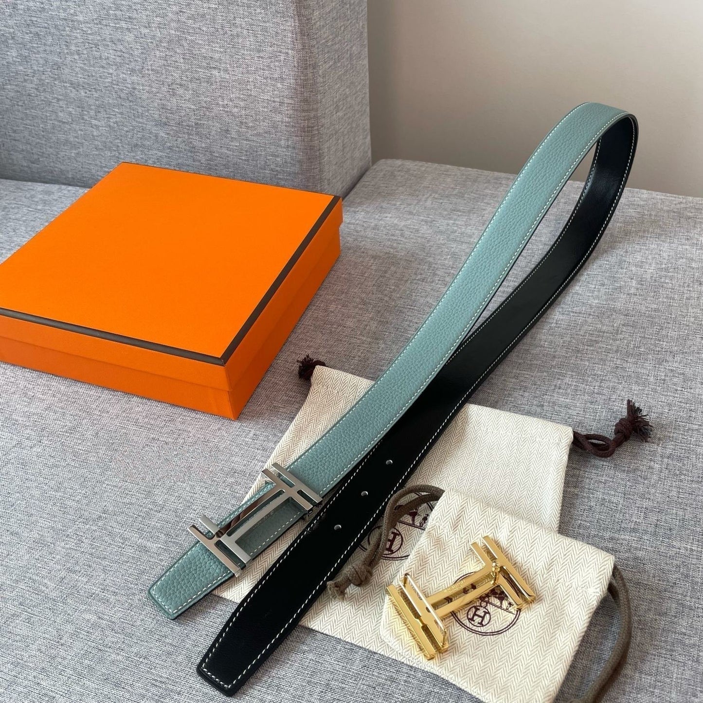 DOUBLE H REVERSIBLE BELT 32MM SILVER BUCKLE BLACK SKY BLUE LEATHER