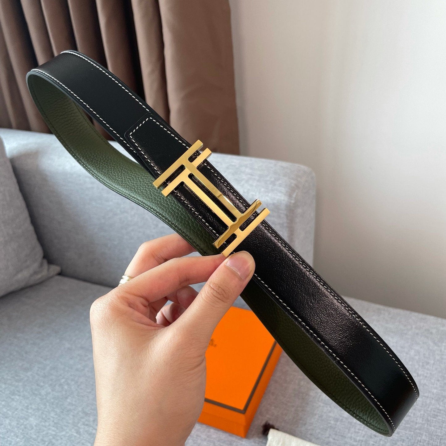 DOUBLE H REVERSIBLE BELT 32MM GOLD BUCKLE BLACK DARK GREEN LEATHER