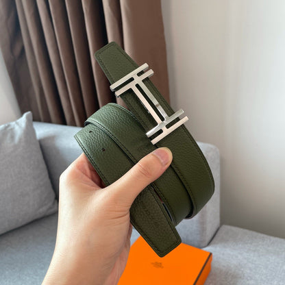 DOUBLE H REVERSIBLE BELT 32MM SILVER BUCKLE BLACK DARK GREEN LEATHER