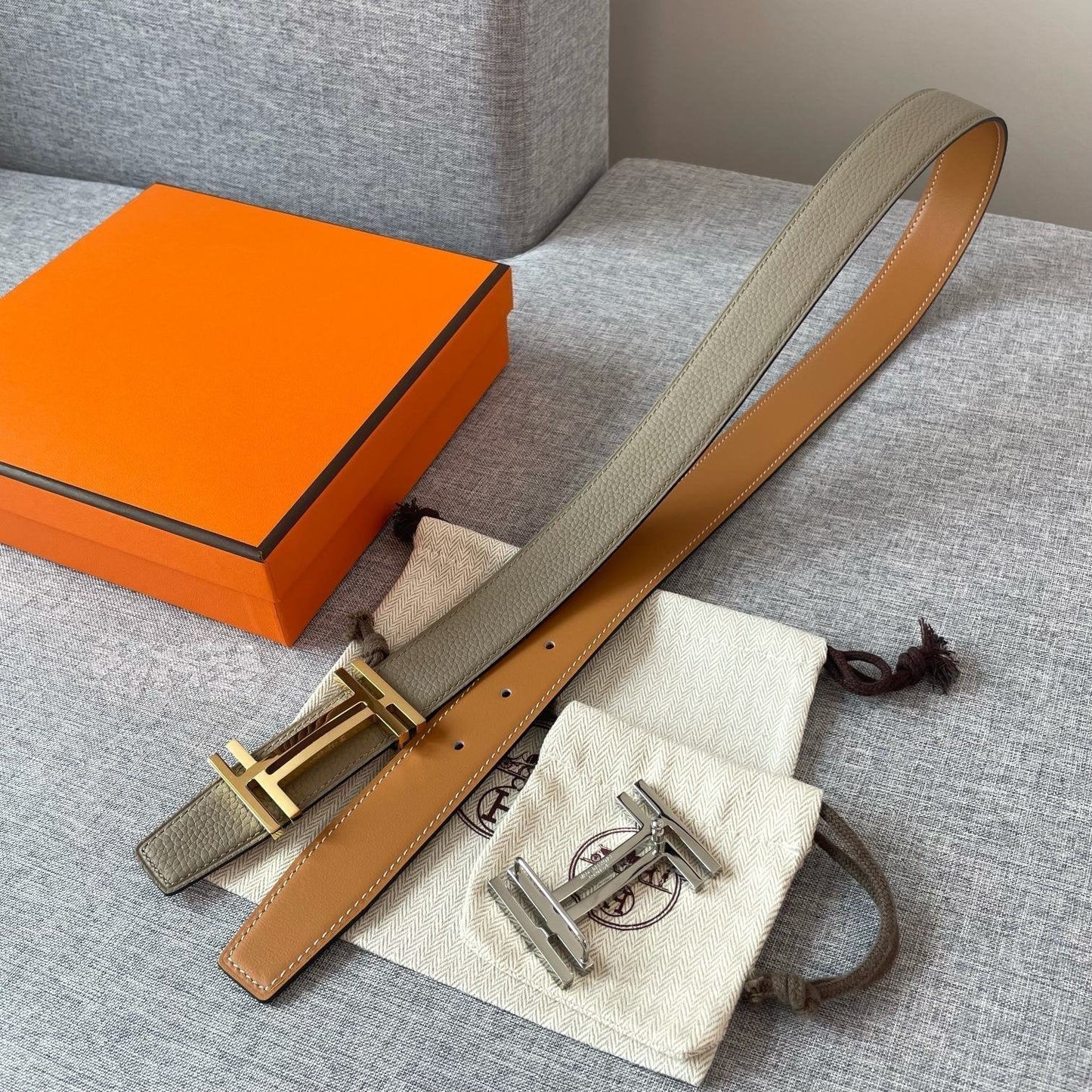 DOUBLE H REVERSIBLE BELT 32MM GOLD BUCKLE TIN GREY GOLD LEATHER