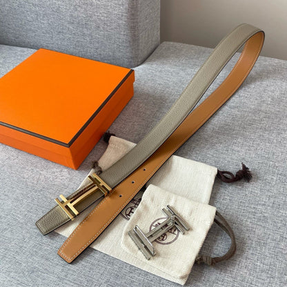 DOUBLE H REVERSIBLE BELT 32MM GOLD BUCKLE TIN GREY GOLD LEATHER