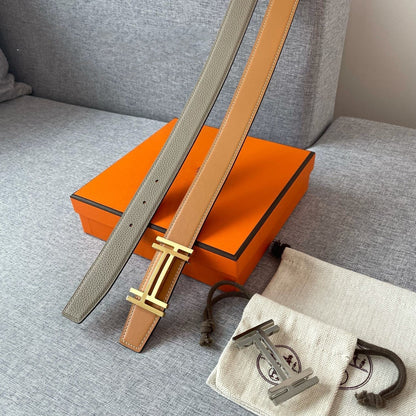 DOUBLE H REVERSIBLE BELT 32MM GOLD BUCKLE TIN GREY GOLD LEATHER