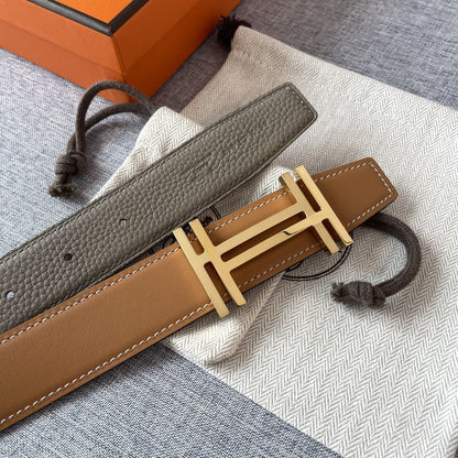DOUBLE H REVERSIBLE BELT 32MM GOLD BUCKLE TIN GREY GOLD LEATHER