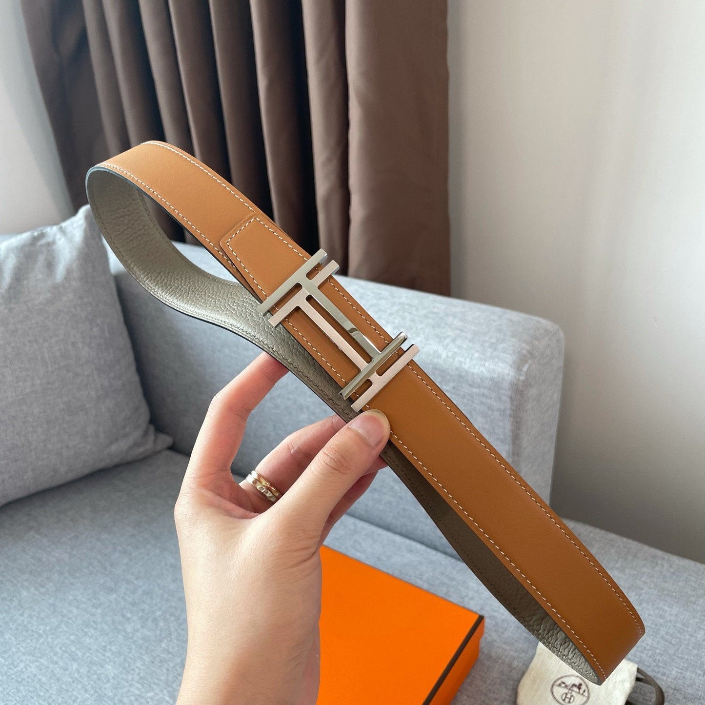 DOUBLE H REVERSIBLE BELT 32MM SILVER BUCKLE GOLD TIN GREY LEATHER