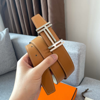 DOUBLE H REVERSIBLE BELT 32MM SILVER BUCKLE GOLD TIN GREY LEATHER