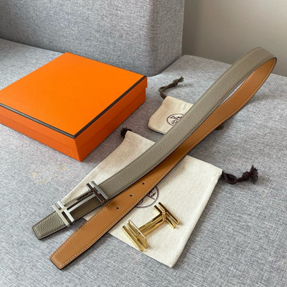 DOUBLE H REVERSIBLE BELT 32MM SILVER BUCKLE GOLD TIN GREY LEATHER