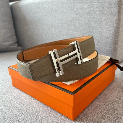 DOUBLE H REVERSIBLE BELT 32MM SILVER BUCKLE GOLD TIN GREY LEATHER