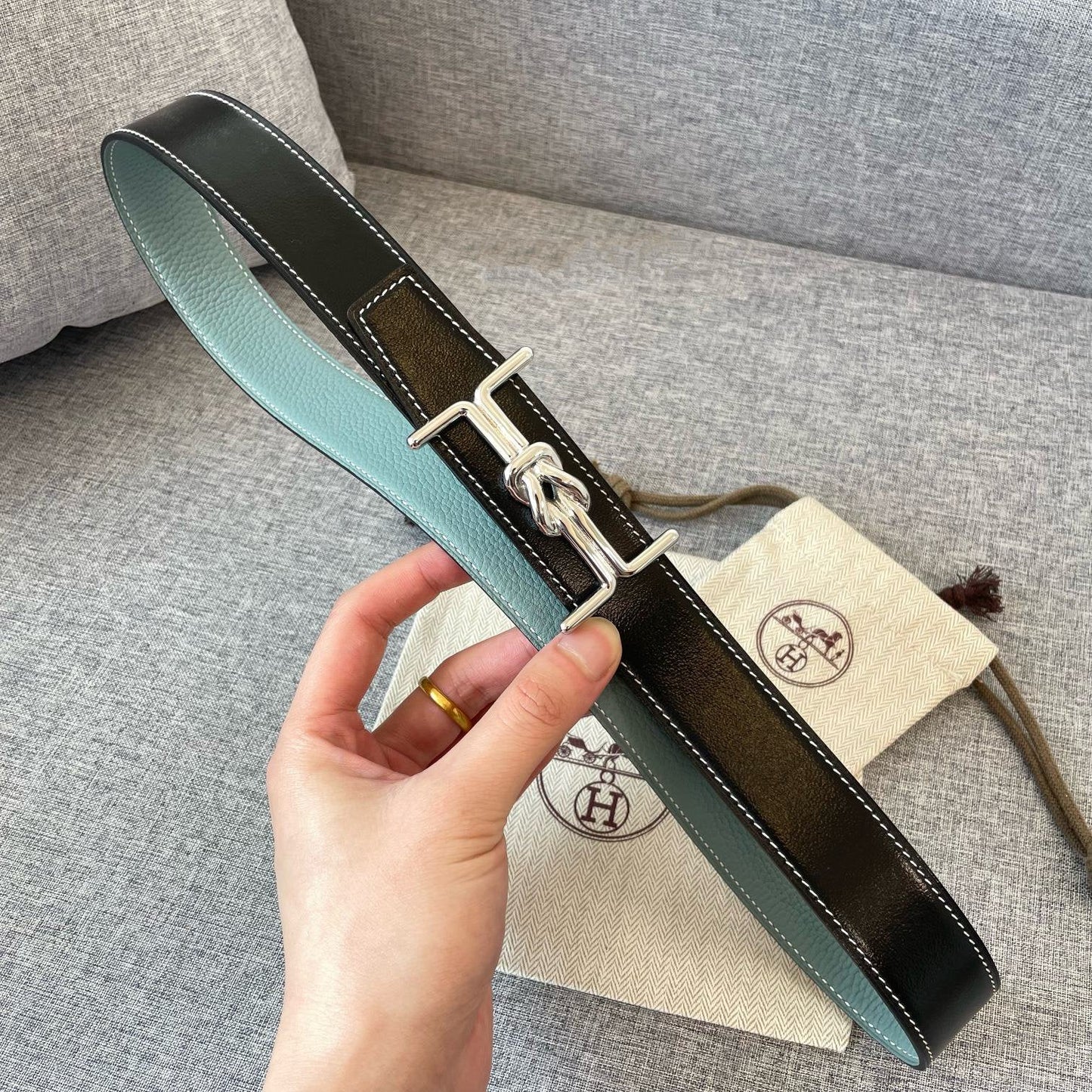 H MARIN REVERSIBLE BELT 32MM SILVER BUCKLE SKY BLUE BLACK LEATHER