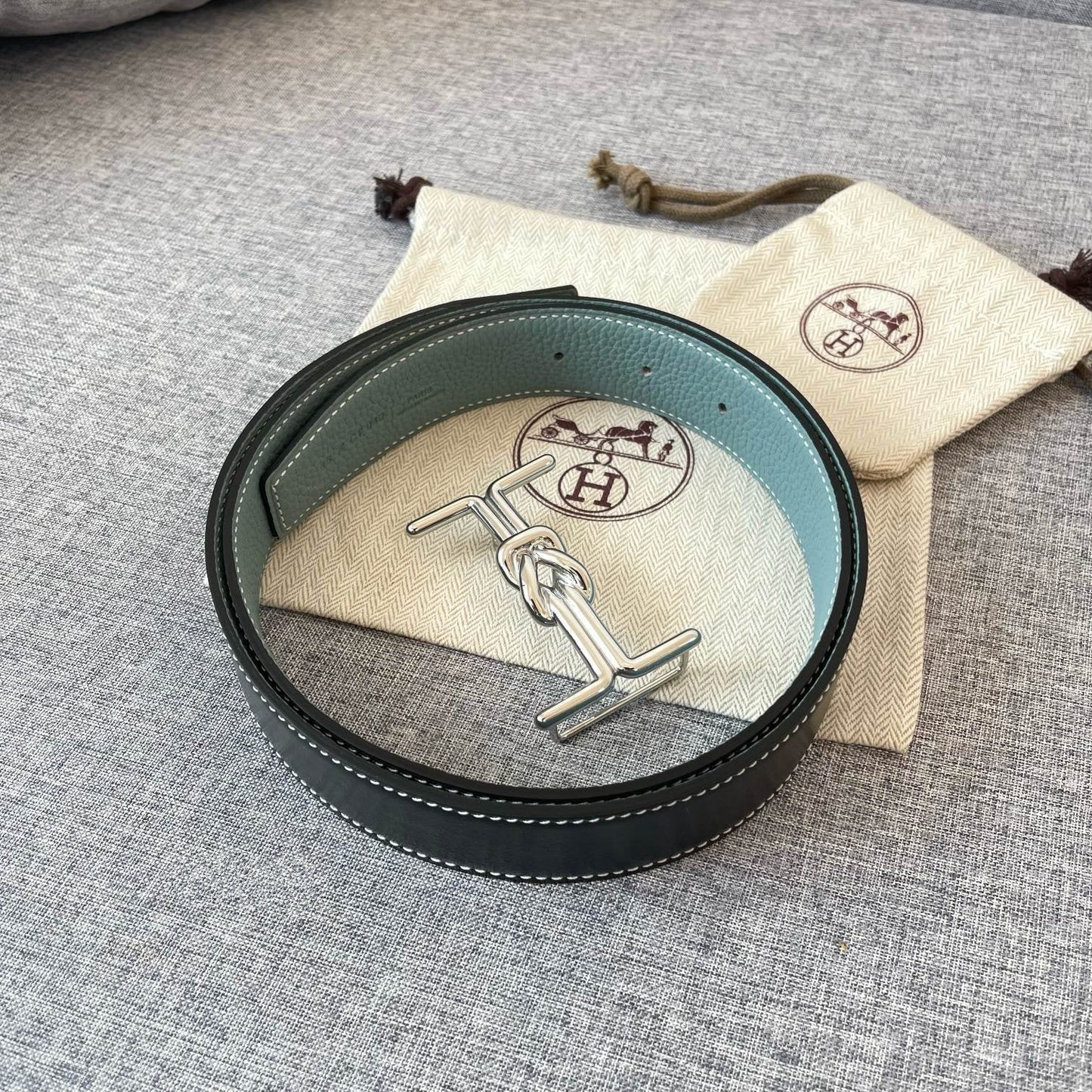 H MARIN REVERSIBLE BELT 32MM SILVER BUCKLE SKY BLUE BLACK LEATHER