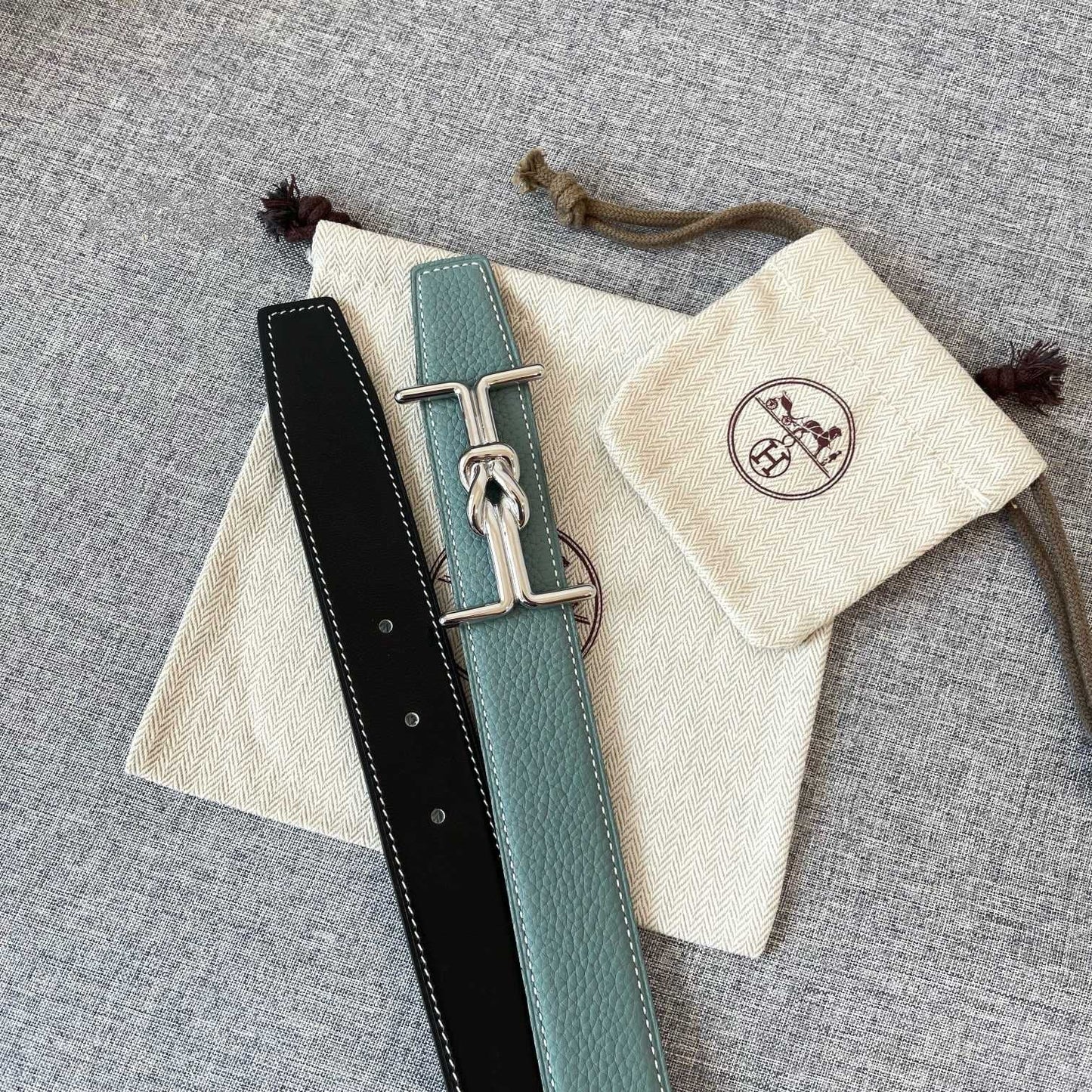 H MARIN REVERSIBLE BELT 32MM SILVER BUCKLE SKY BLUE BLACK LEATHER