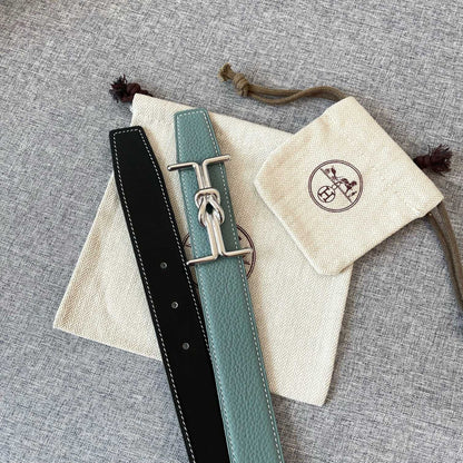 H MARIN REVERSIBLE BELT 32MM SILVER BUCKLE SKY BLUE BLACK LEATHER