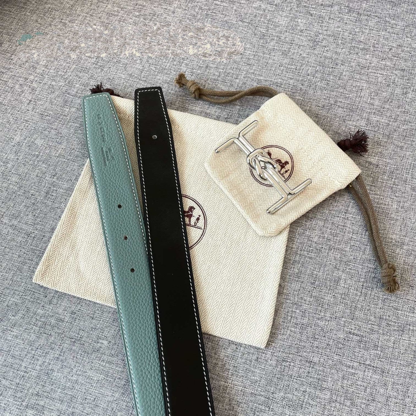 H MARIN REVERSIBLE BELT 32MM SILVER BUCKLE SKY BLUE BLACK LEATHER