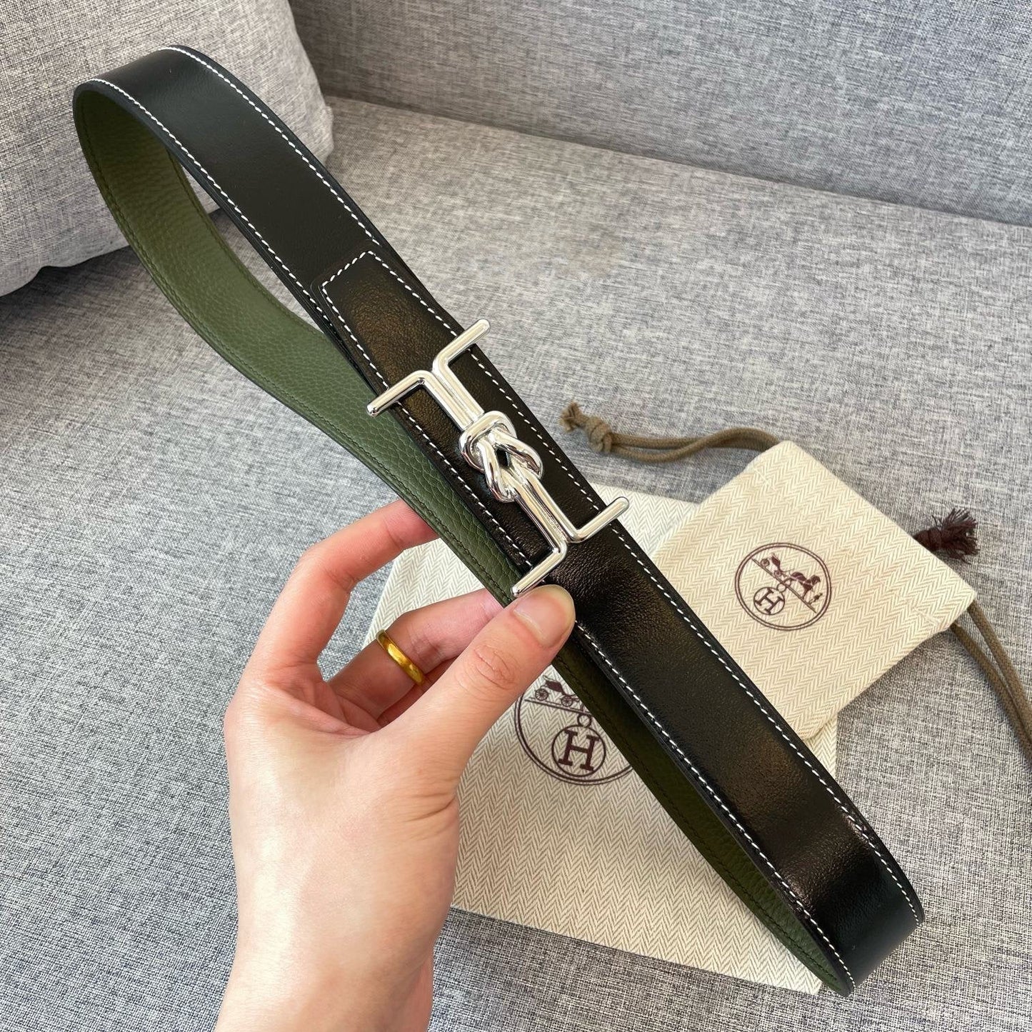 H MARIN REVERSIBLE BELT 32MM SILVER BUCKLE BLACK DARK GREEN LEATHER