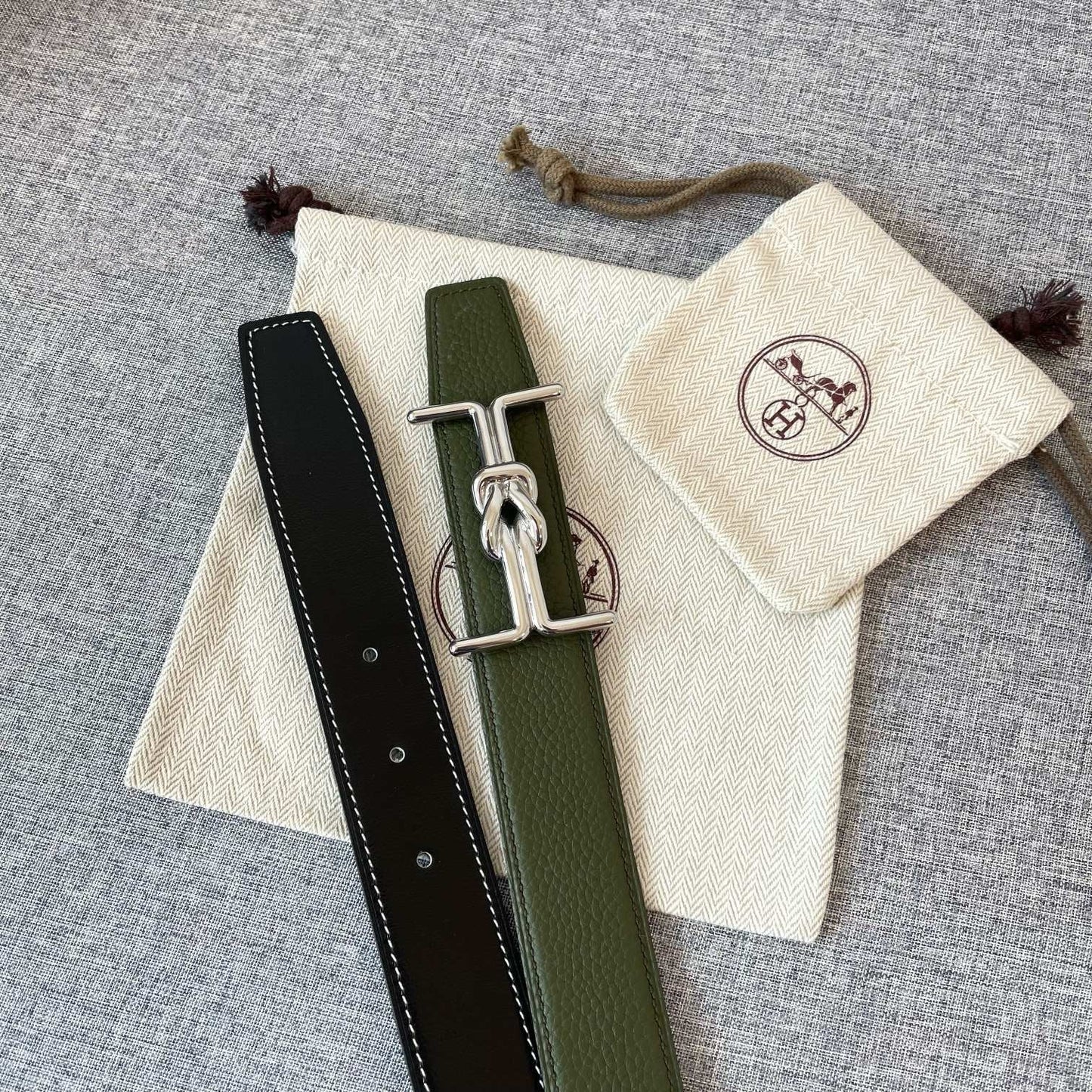 H MARIN REVERSIBLE BELT 32MM SILVER BUCKLE BLACK DARK GREEN LEATHER