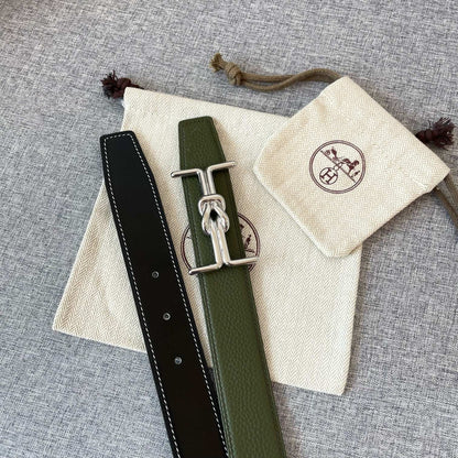 H MARIN REVERSIBLE BELT 32MM SILVER BUCKLE BLACK DARK GREEN LEATHER