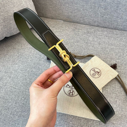 H MARIN REVERSIBLE BELT 32MM GOLD BUCKLE BLACK DARK GREEN LEATHER