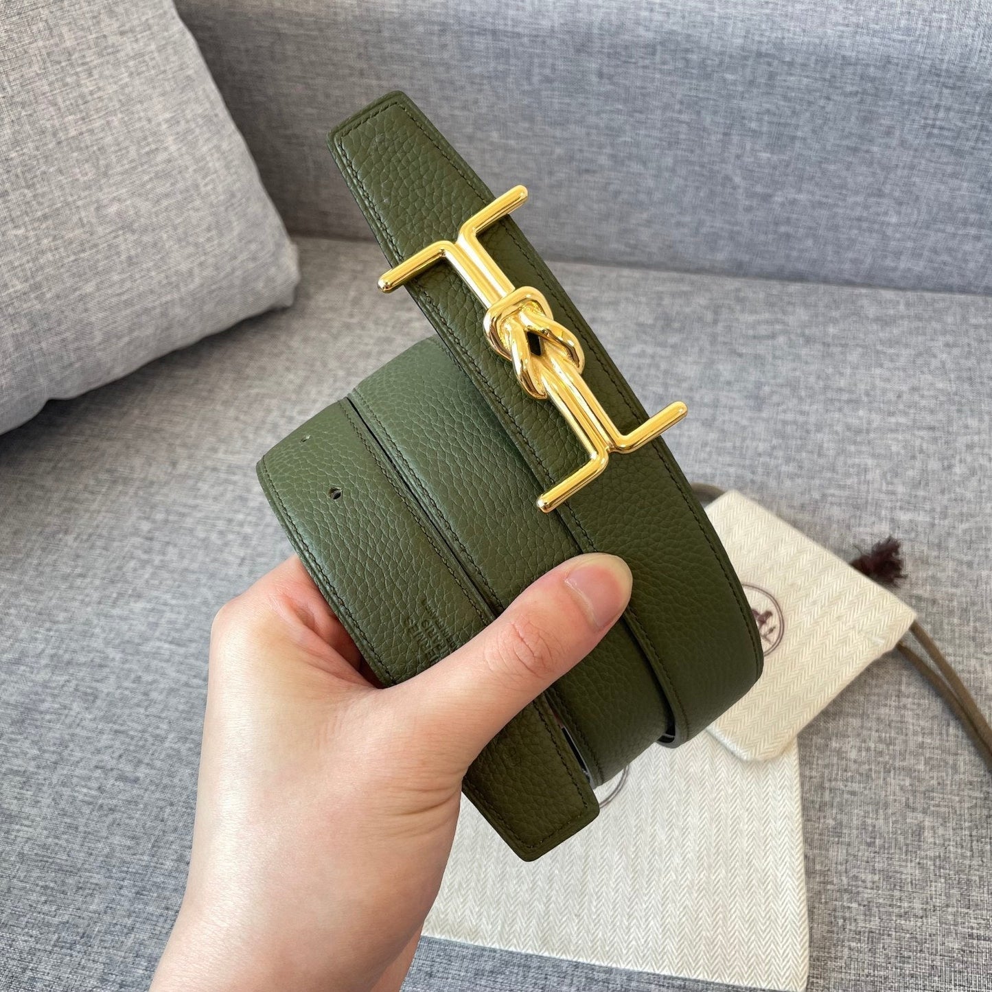 H MARIN REVERSIBLE BELT 32MM GOLD BUCKLE BLACK DARK GREEN LEATHER