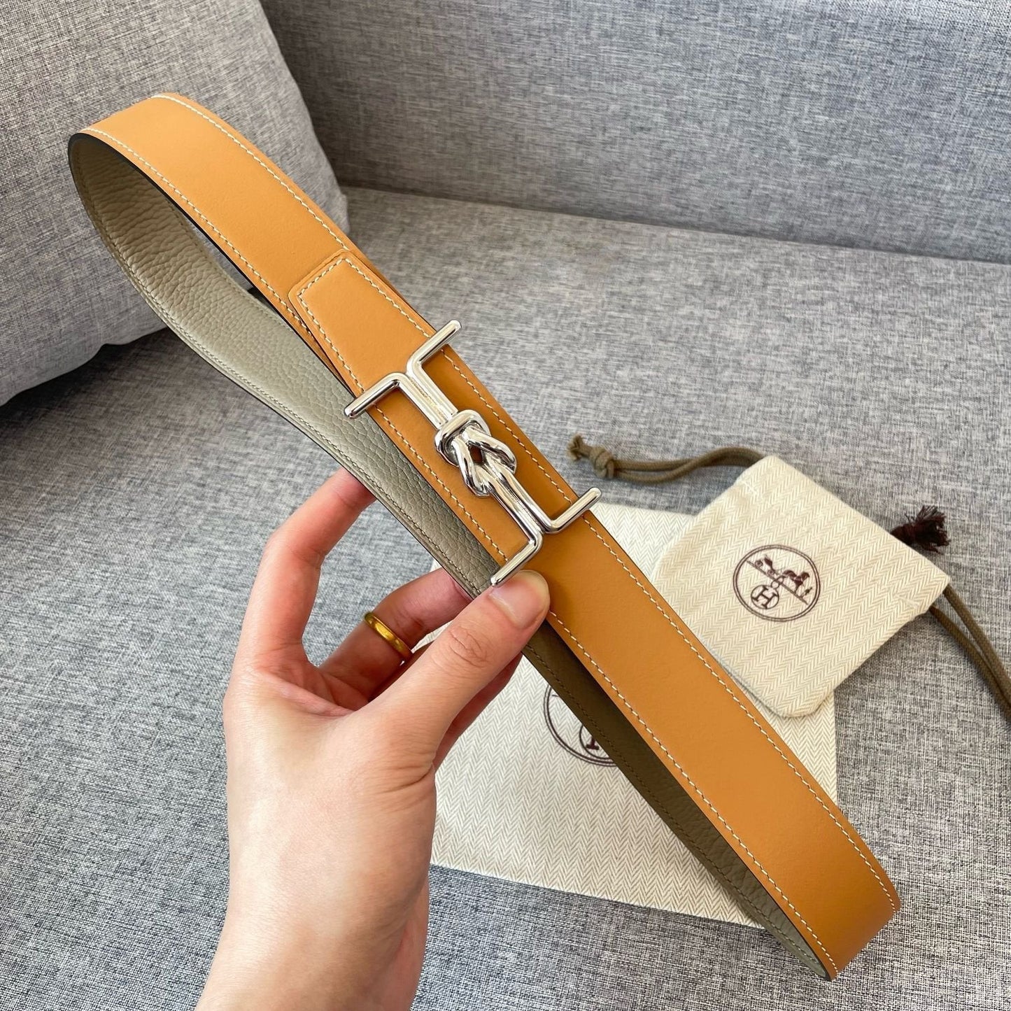 H MARIN REVERSIBLE BELT 32MM SILVER BUCKLE GOLD TIN GREY LEATHER