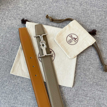 H MARIN REVERSIBLE BELT 32MM SILVER BUCKLE GOLD TIN GREY LEATHER