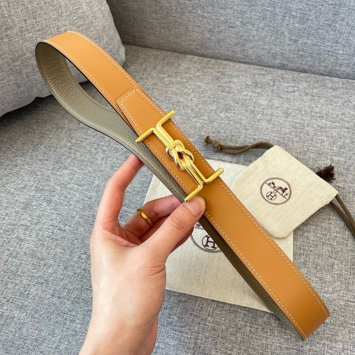 H MARIN REVERSIBLE BELT 32MM GOLD BUCKLE TIN GREY GOLD LEATHER