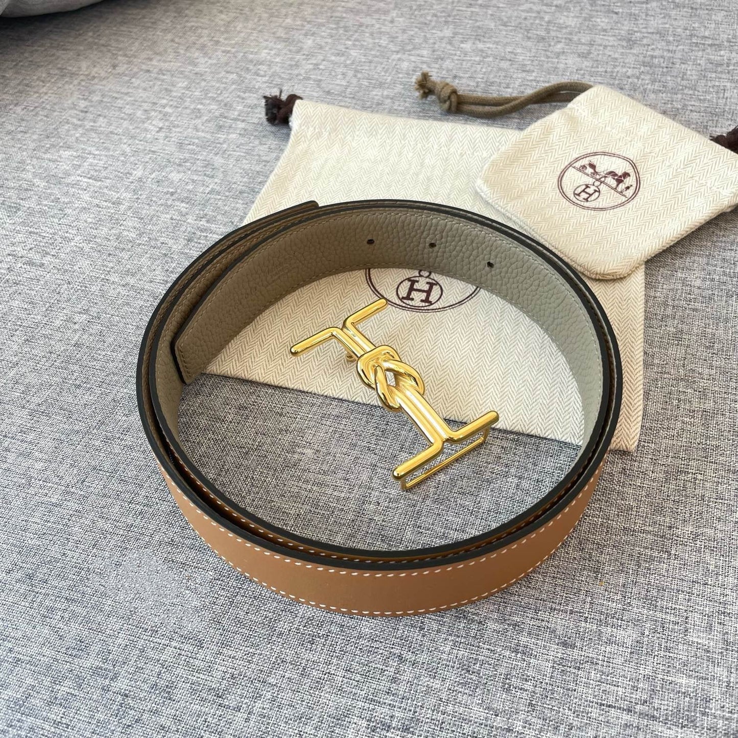 H MARIN REVERSIBLE BELT 32MM GOLD BUCKLE TIN GREY GOLD LEATHER