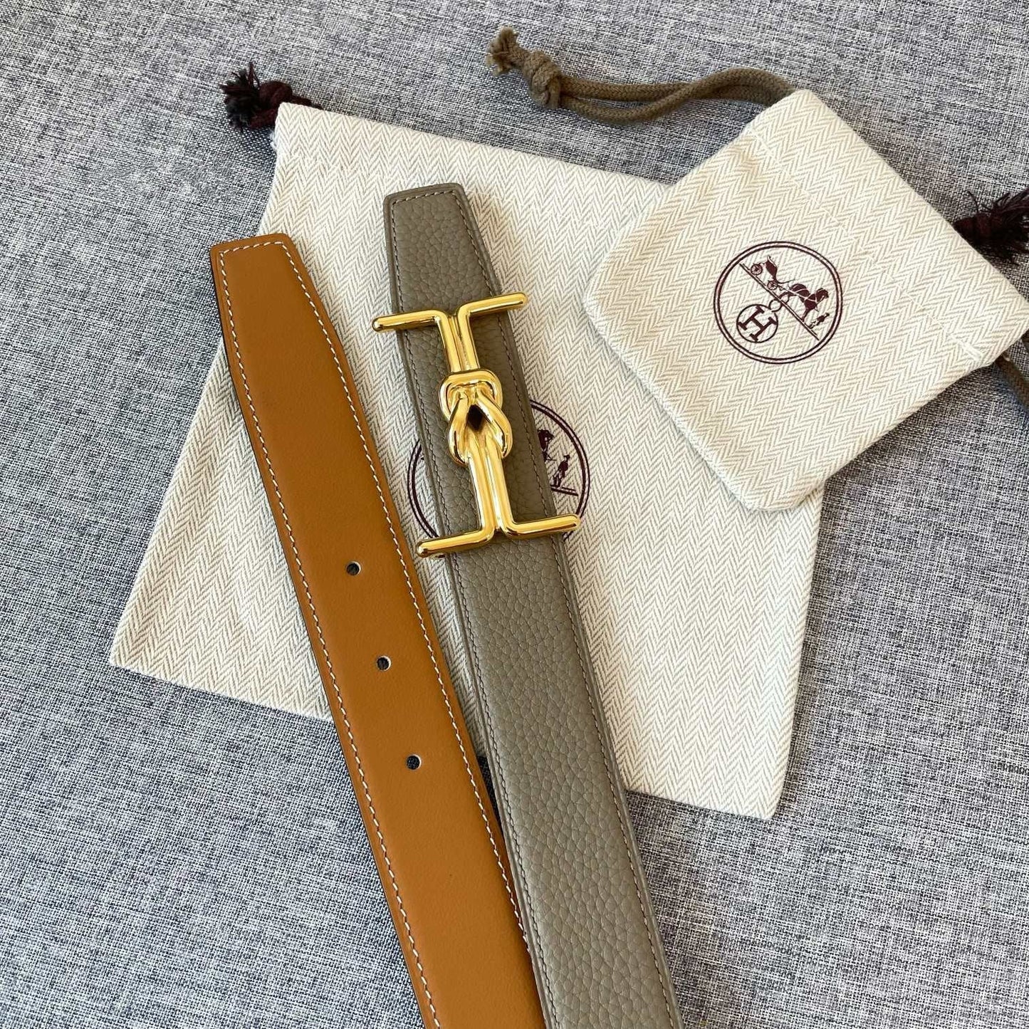 H MARIN REVERSIBLE BELT 32MM GOLD BUCKLE TIN GREY GOLD LEATHER