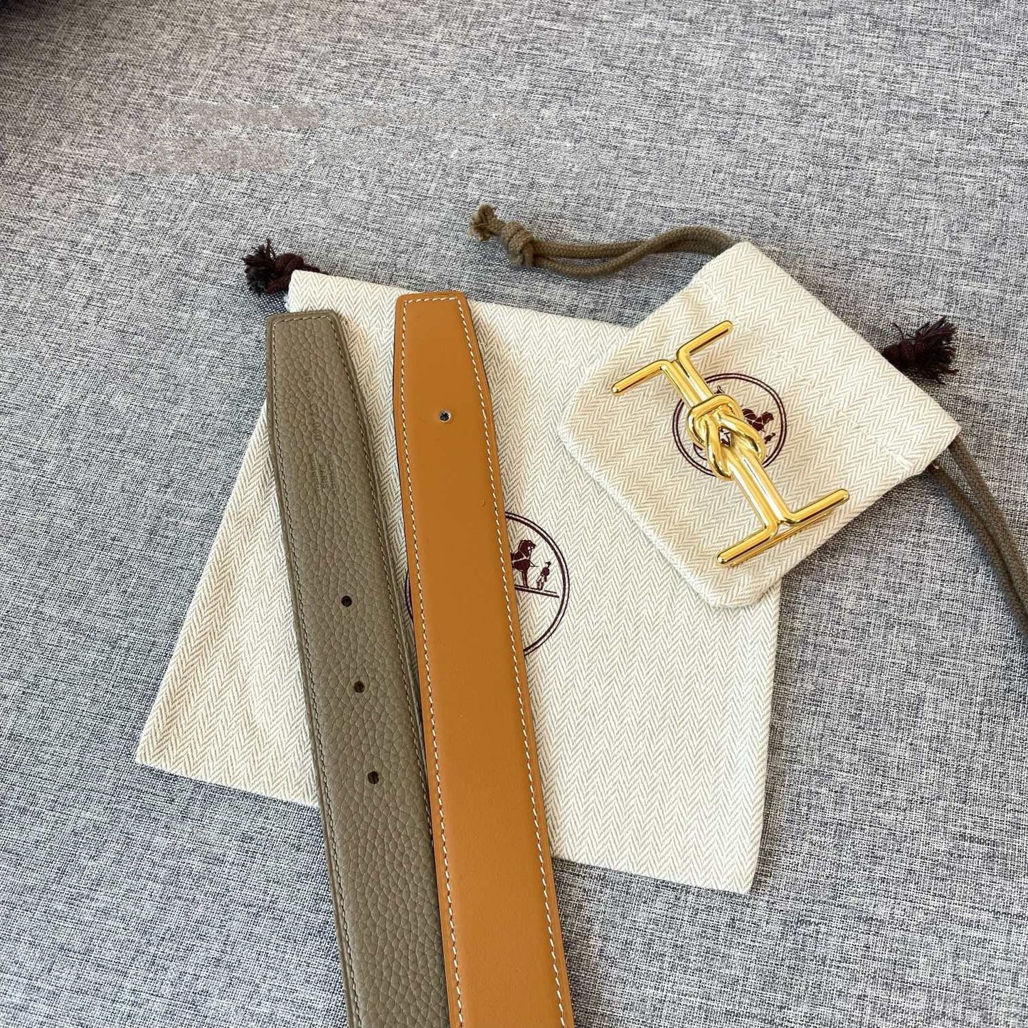 H MARIN REVERSIBLE BELT 32MM GOLD BUCKLE TIN GREY GOLD LEATHER