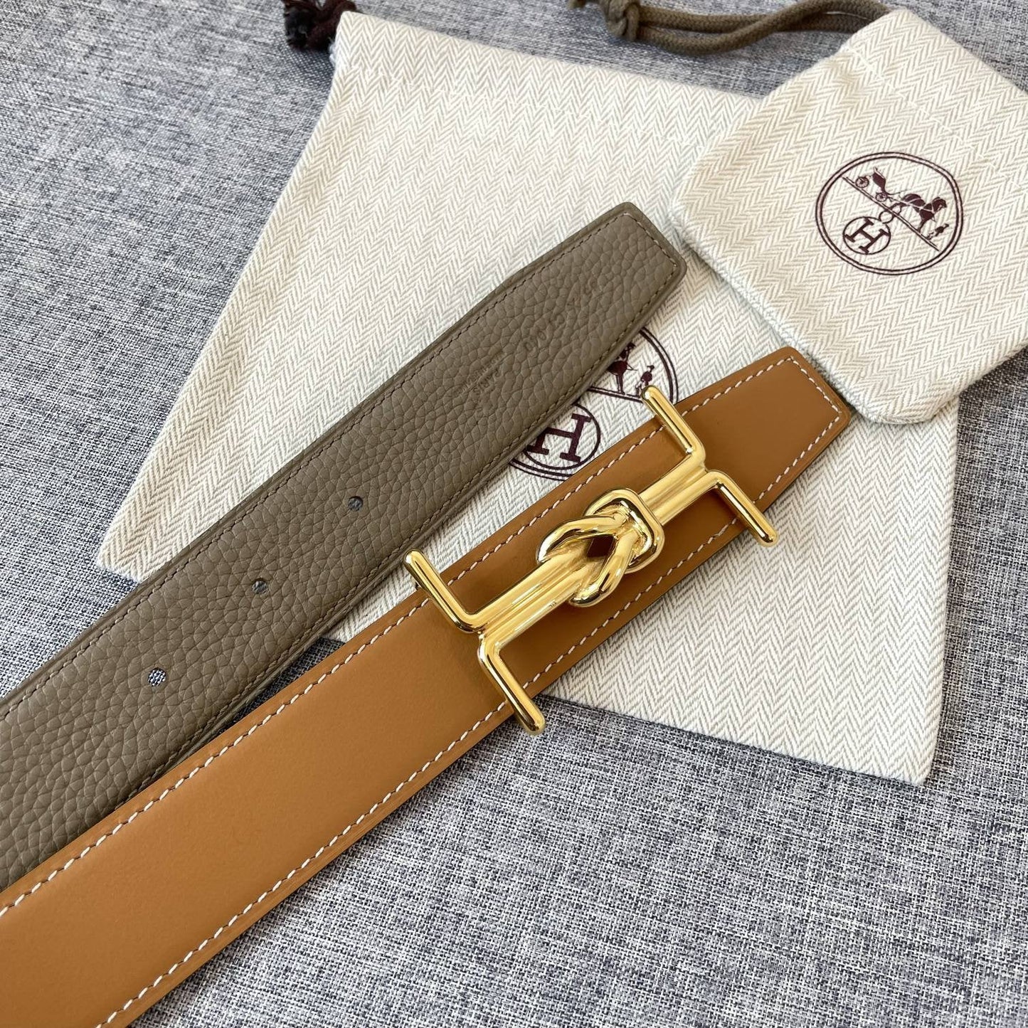 H MARIN REVERSIBLE BELT 32MM GOLD BUCKLE TIN GREY GOLD LEATHER