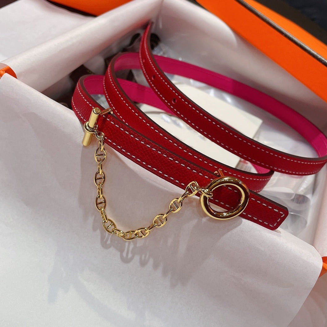H GOLD BUCKLE WOMEN'S BELT WITH PINK RED LEATHER STRAP 1.3CM