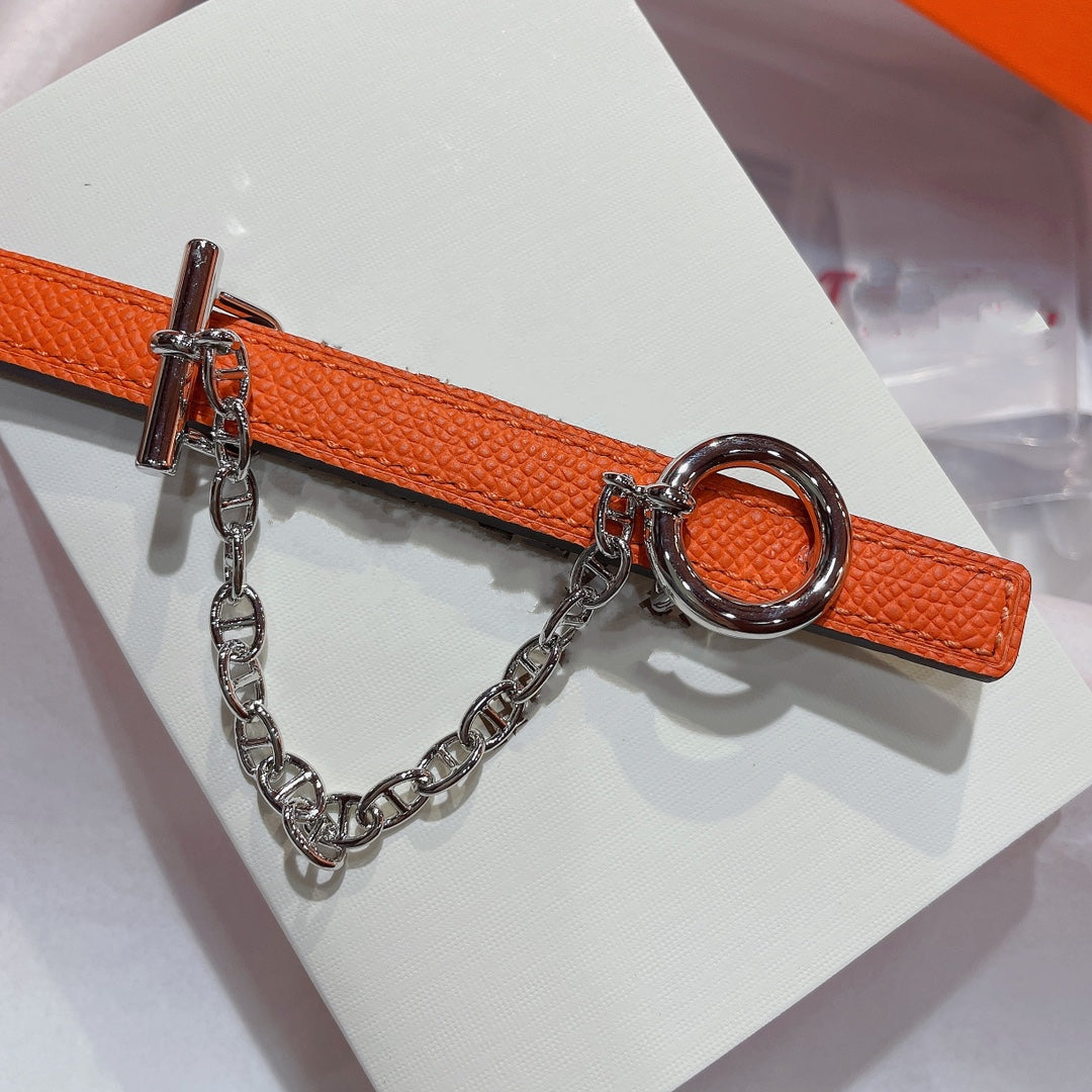 H SILVER BUCKLE WOMEN'S BELT ORANGE BLACK LEATHER STRAP 1.3CM