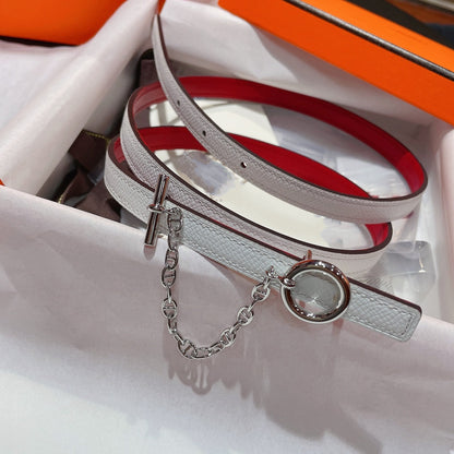H SILVER BUCKLE WOMEN'S BELT WHITE RED LEATHER STRAP 1.3CM
