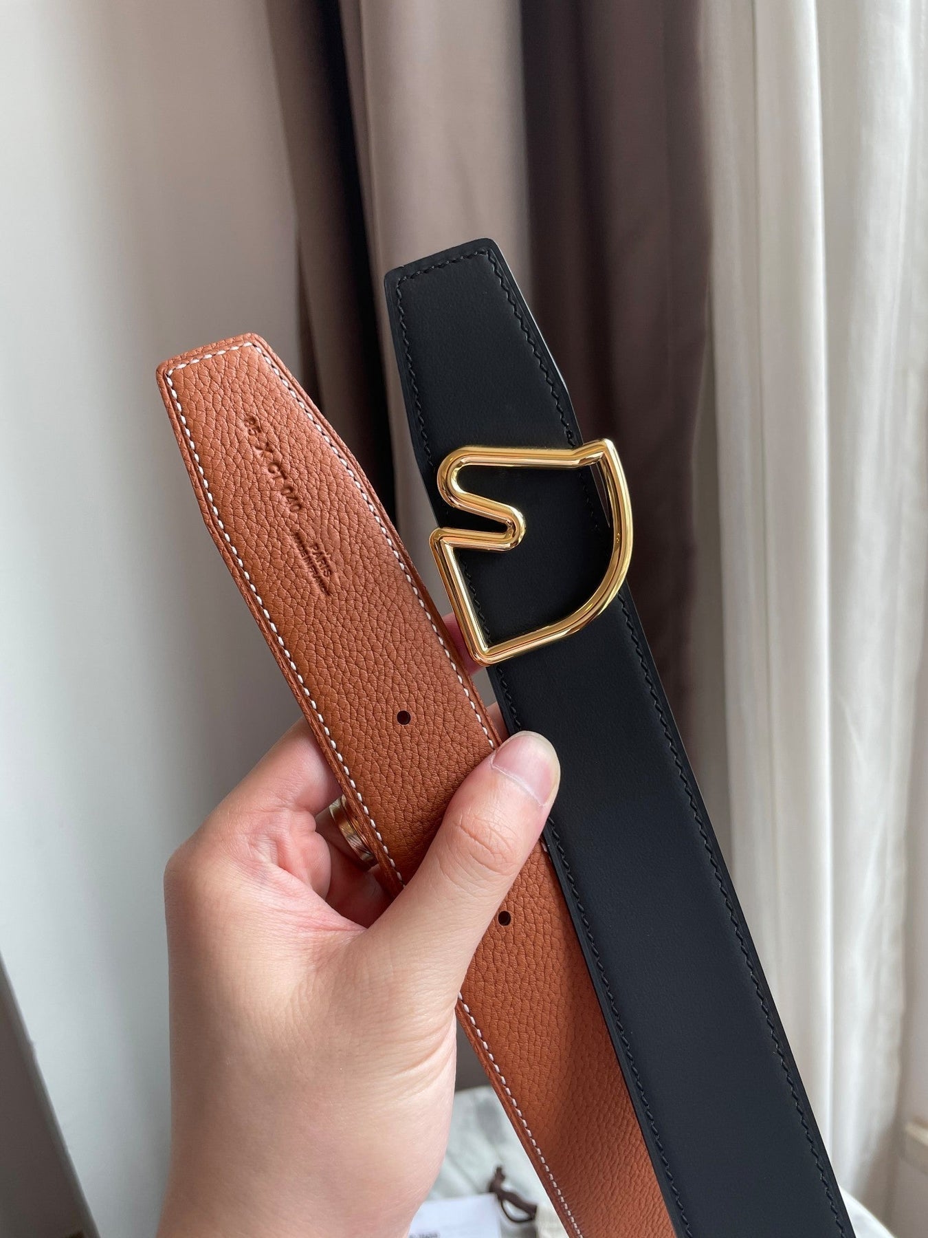 H BELT HORSE BUCKLE BROWN BLACK LEATHER REVERSIBLE  3.8CM