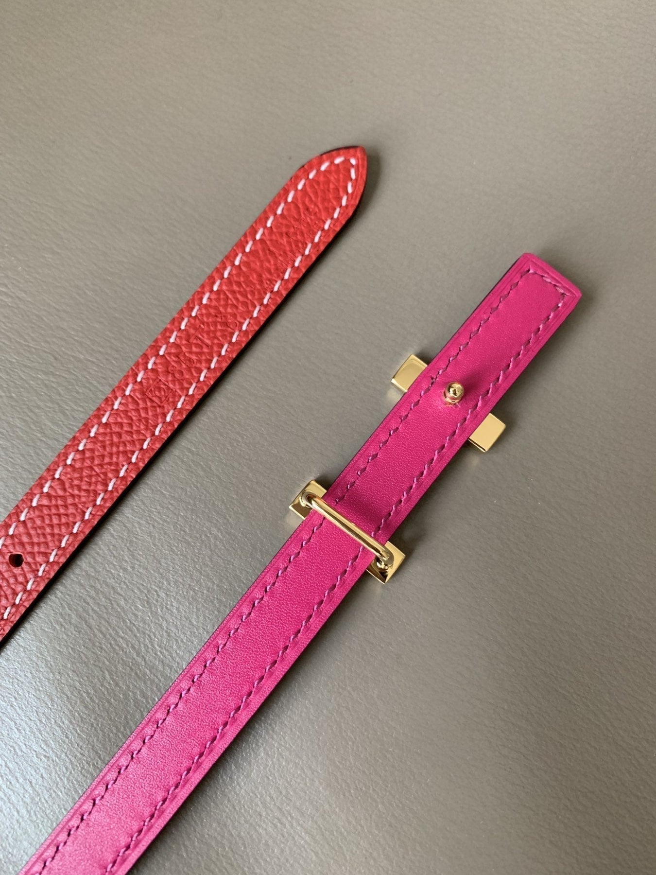 FOCUS BELT GOLD BUCKLE RED AND PINK REVERSIBLE LEATHER 1.3CM