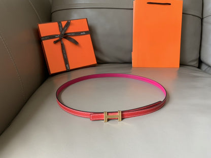 FOCUS BELT GOLD BUCKLE RED AND PINK REVERSIBLE LEATHER 1.3CM