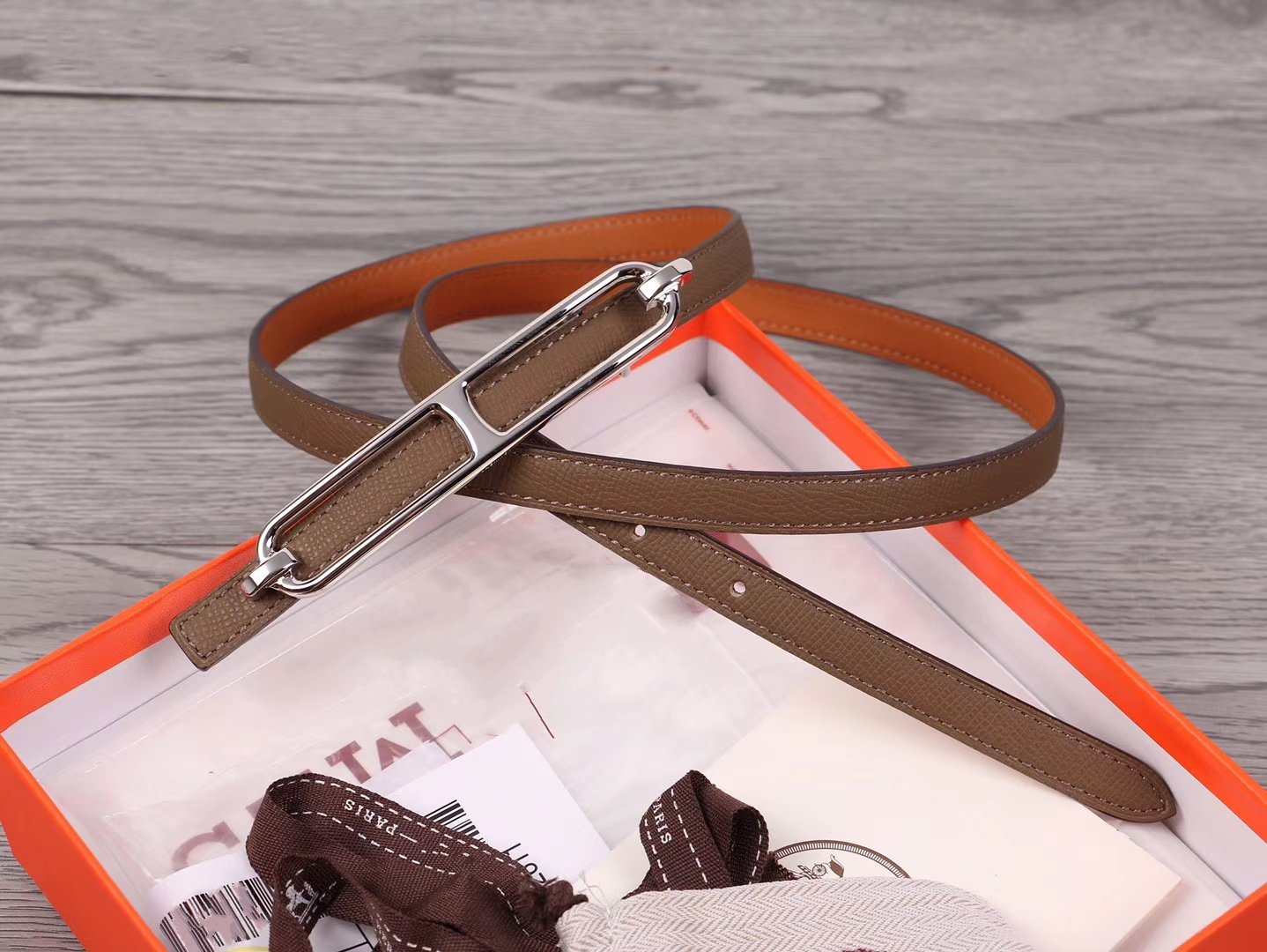 H WOMEN'S BELT 13MM SILVER BUCKLE BROWN GRAY LEATHER