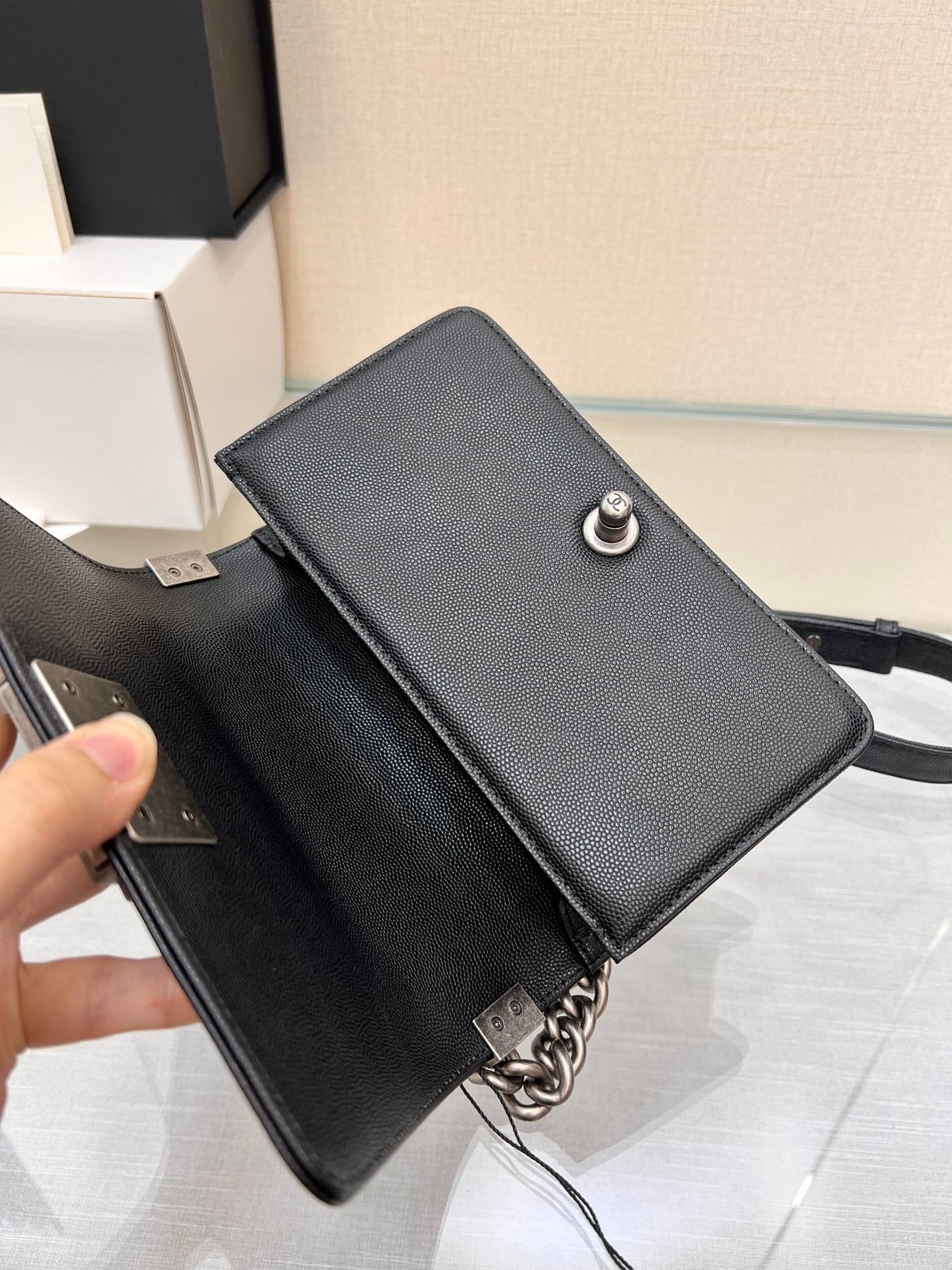 BOY BAG SMALL 20 BLACK CHEVRON CAVIAR RUTHENIUM HARDWARE