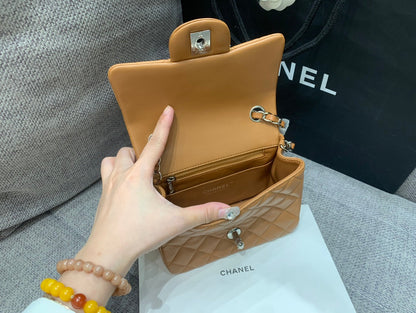 MINI SQUARE FLAP BAG 17CM BROWN LAMBSKIN SILVER HARDWARE