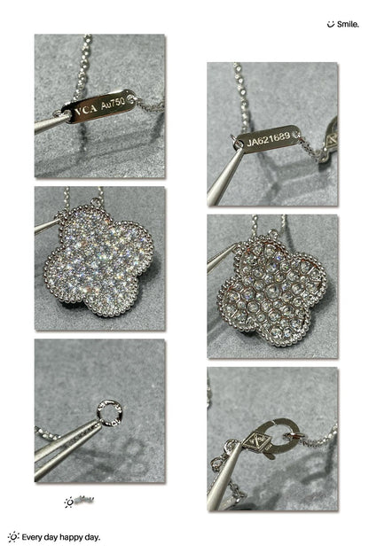 CLOVER LARGE PENDANT DIAMOND PAVED SILVER NECKLACE