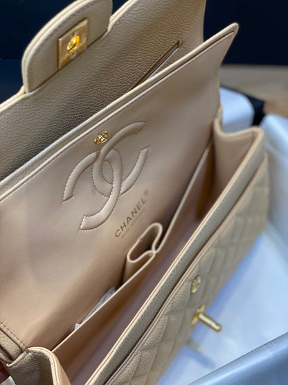 FLAP BAG 25CM GOLD HARDWARE BEIGE CAVIAR
