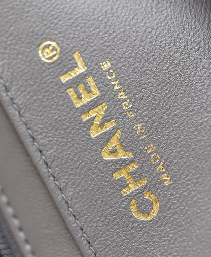 MINI RECTANGLE FLAP BAG TOP HANDLE 20CM GREY LAMBSKIN SILVER HARDWARE