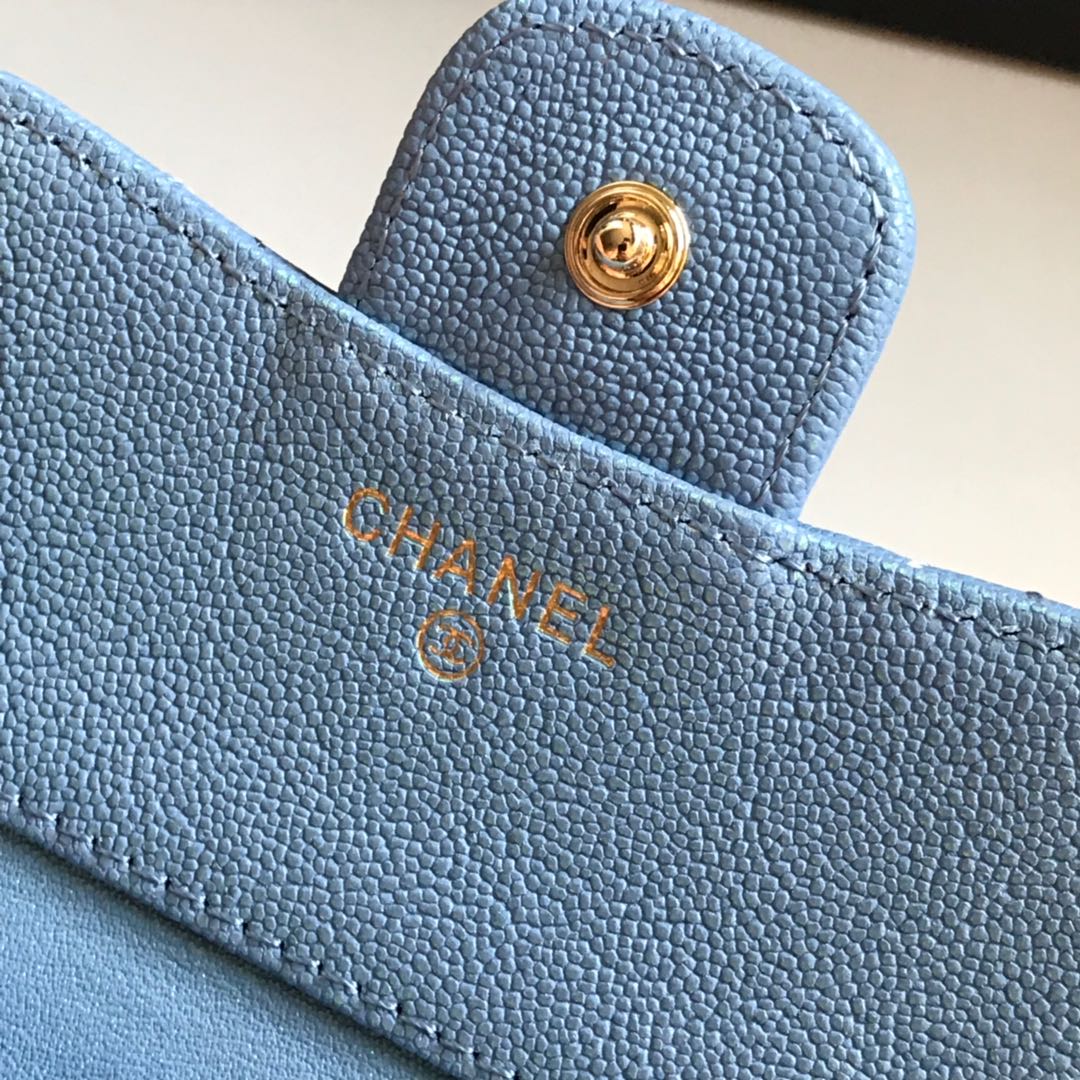 CC FLAP CARD HOLDER 11.5 SKY GRAINED CALFSKIN GOLD ICON