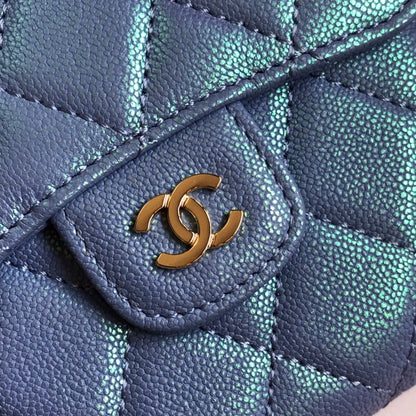 CC FLAP CARD HOLDER 11.5 SKY GRAINED CALFSKIN GOLD ICON