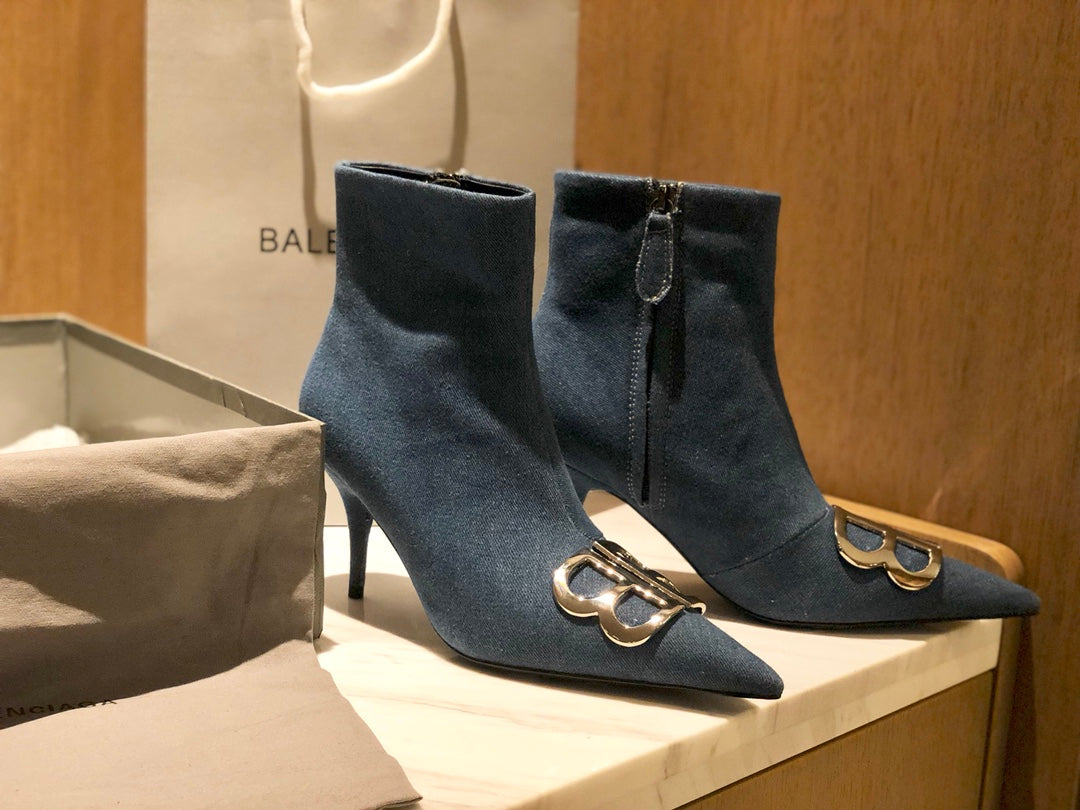 POINTED-TOE HIGH HEEL 80 MM ANKLE BOOTS IN BLUE DENIM