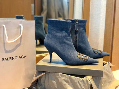 POINTED-TOE HIGH HEEL 80 MM ANKLE BOOTS IN BLUE DENIM