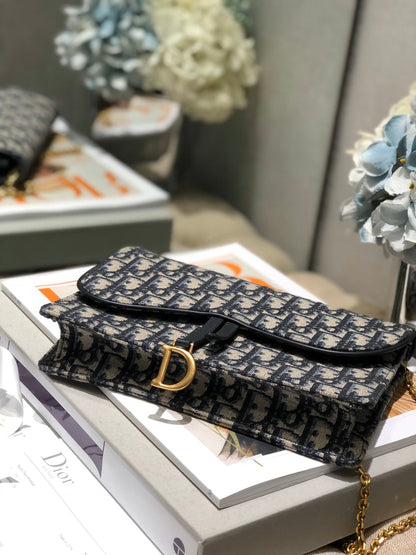 CD Saddle Pouch With Chain Blue Obique Embroidery