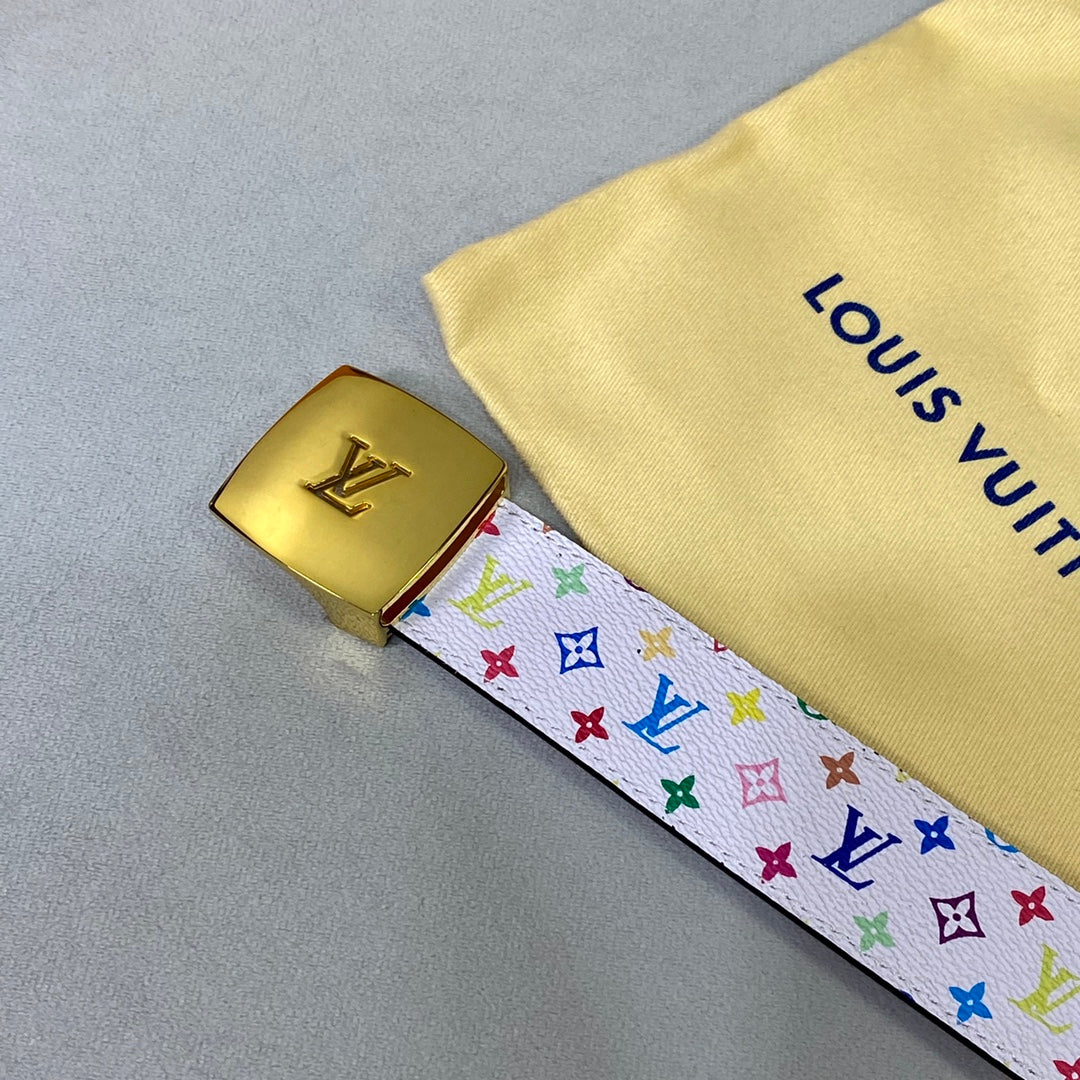 LV 35 MM BELT MULTICOLOR WHITE MIX LIGHT PINK MONOGRAM CALFSKIN GOLD HARDWARE