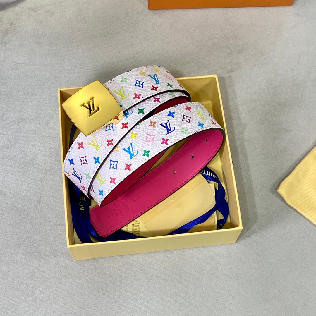 LV 35 MM BELT MULTICOLOR WHITE MIX LIGHT PINK MONOGRAM CALFSKIN GOLD HARDWARE